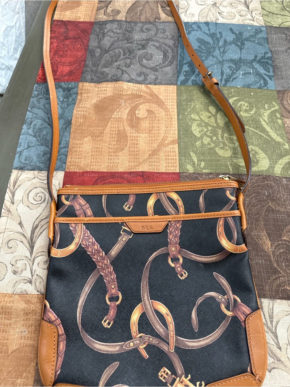 Ralph Lauren Black Crossbody Bag with Tan Trim and Equestrian Print